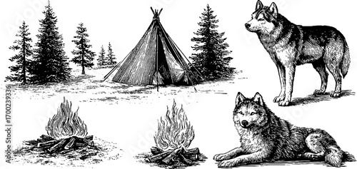 Arctic wilderness scene with wolves, trees, campfire, and tent in vintage engraving style