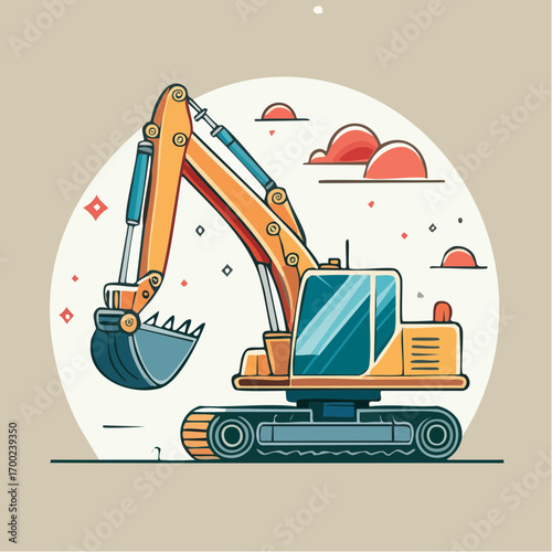 Orange Excavator With Bucket Against Sunset Clouds In Pixel Art