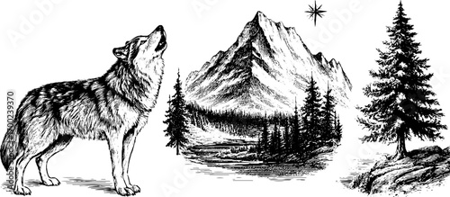 Arctic wilderness adventure with wolf and mountain scene in vintage engraving style