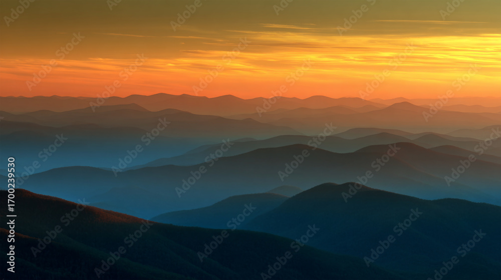 Fototapeta premium Sunset over layered mountain ridges with colorful sky 
