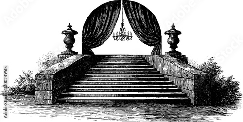 Baroque staircase with chandelier in vintage engraving style for classic decor