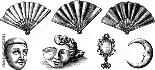 Art deco vintage engraving style set with masks, fans, mirror, and moon for retro design
