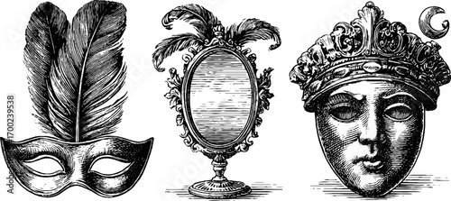 Art deco vintage engraving of venetian mask, ornate mirror, and classical face