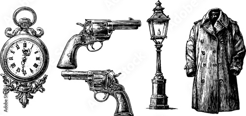 Vintage noir engraving style illustration set featuring classic elements for design projects