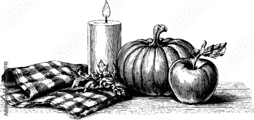 Autumn evening still life with pumpkin and fruit in vintage engraving style for seasonal decoration