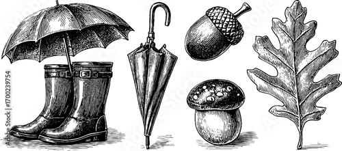 Autumn evening vintage engraving style: boots, umbrella, acorn, mushroom, and leaf