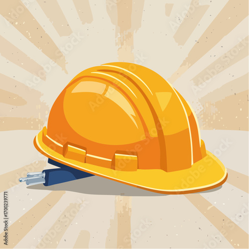 Yellow Construction Hard Hat With Ear Plugs On Tan Sunburst Background