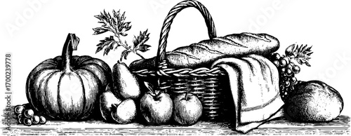 Autumn market harvest in vintage engraving style for seasonal decor