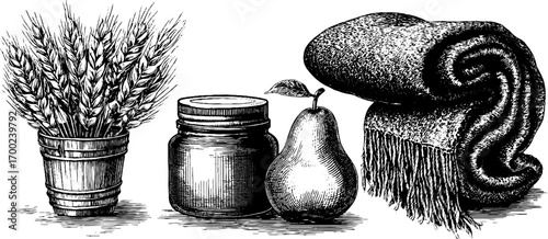 Rustic autumn market scene with vintage engraving style for seasonal decor