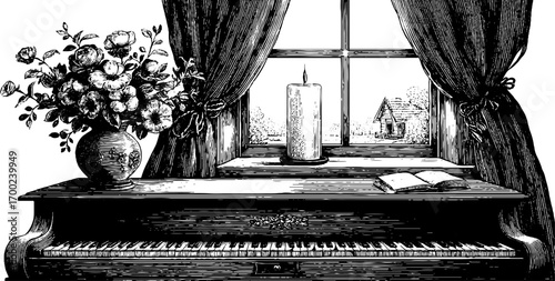 Romantic vintage city scene with piano and candle in engraving style