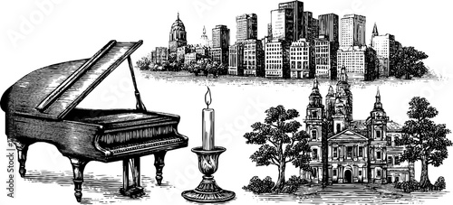 Romantic cityscape with grand piano, candle, and cathedral in vintage engraving style