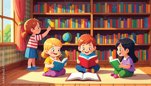 Happy Children Reading Books Together in a Sunny Library