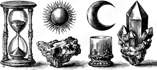 Cosmic magic elements in vintage engraving style for mystical decor and design