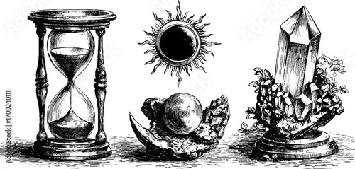 Cosmic magic symbols in vintage engraving style for mystical design
