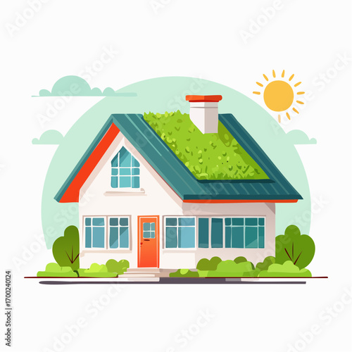 Modern Eco-Friendly House with Green Roof and Sunny Day Sky