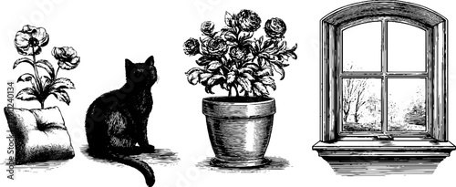 Cozy home scene with cat, plants, and window in vintage engraving style