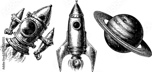 Cosmic magic vintage engraving style with rockets and saturn for retro design