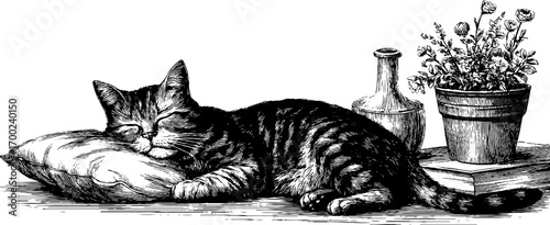 Cozy home scene with sleeping cat and vintage decor in engraving style