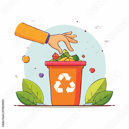 Hand Throwing Garbage Into Orange Recycling Bin