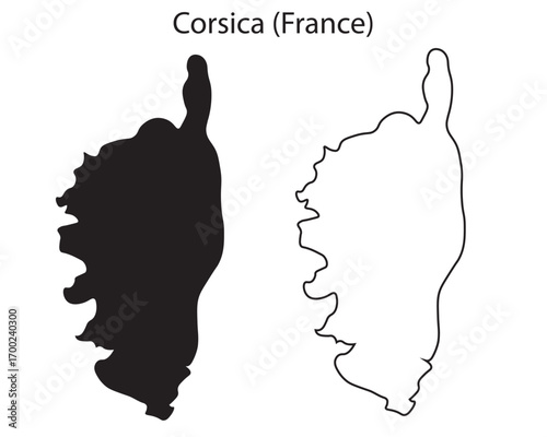 Simple Corsica France map silhouette vector. Clean black outline of the Mediterranean island, ideal for travel graphics, infographics, and design work