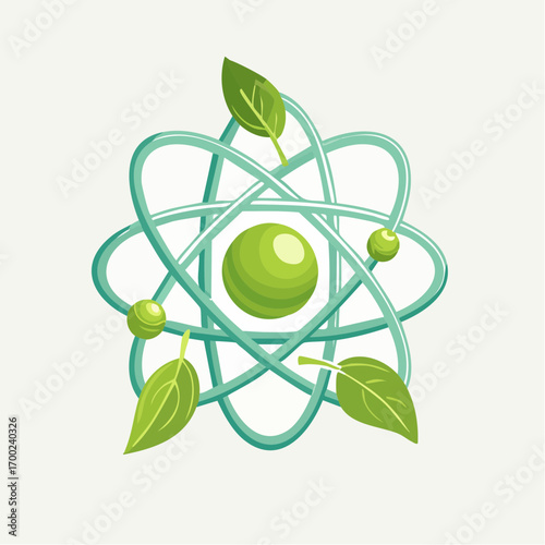 Green Atom With Leaves On Light Gray Background