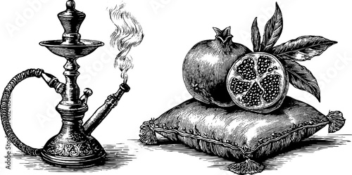 Eastern bazaar inspiration with hookah and pomegranate in vintage engraving design for decor