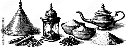 Eastern market spice and tea set in vintage engraving style for retro design