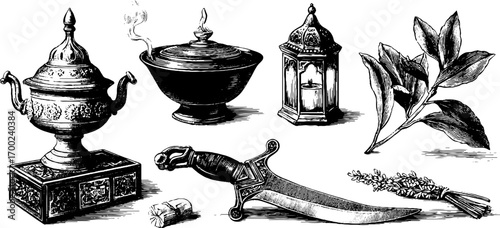 Eastern market artifacts in vintage engraving style for retro design