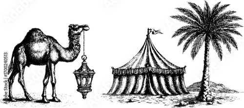 Exotic desert scene with camel tent and palm in vintage engraving style for elegant design