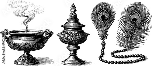 Eastern mystery with incense burner and peacock feathers in vintage engraving style
