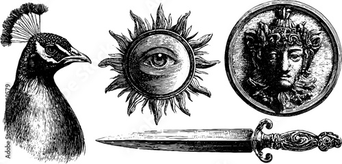 Eastern mystic art objects: vintage engraving of peacock, sun eye, ancient coin, and dagger