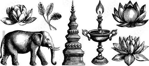 Eastern mysticism elements in vintage engraving style for design projects