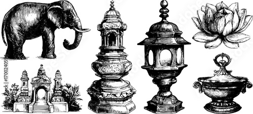 Eastern mystic vintage engraving style with lotus, elephant, and temple elements