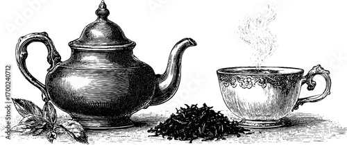 Eastern tea ceremony vintage engraving - hand drawn illustration for retro design
