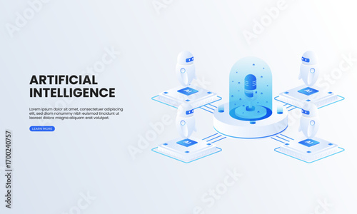 Artificial intelligence chip isometric vector illustration. Robot analyzing speech search technology, computer electronics and AI systems landing page template.