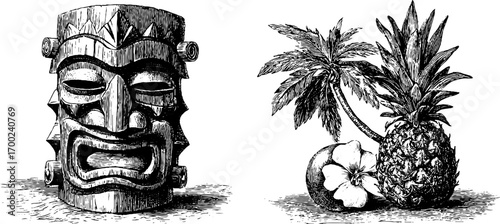 Exotic tropics vintage engraving: tiki mask and tropical fruits for retro design