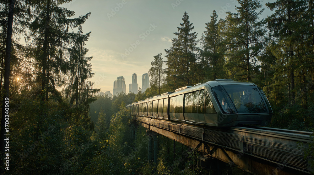 Naklejka premium A futuristic train traveling through a lush forest with a city skyline in the background view