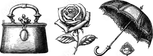 Female elegance in vintage engraving style: purse, rose, and umbrella illustration