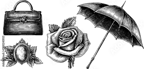 Elegant vintage accessories and rose in engraving style for design
