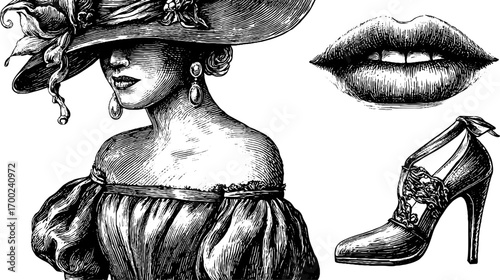 Elegant female portrait with hat, lips, and shoe in vintage engraving style for fashion design