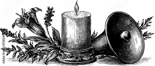 Fire festival theme with candle and floral elements in vintage engraving style