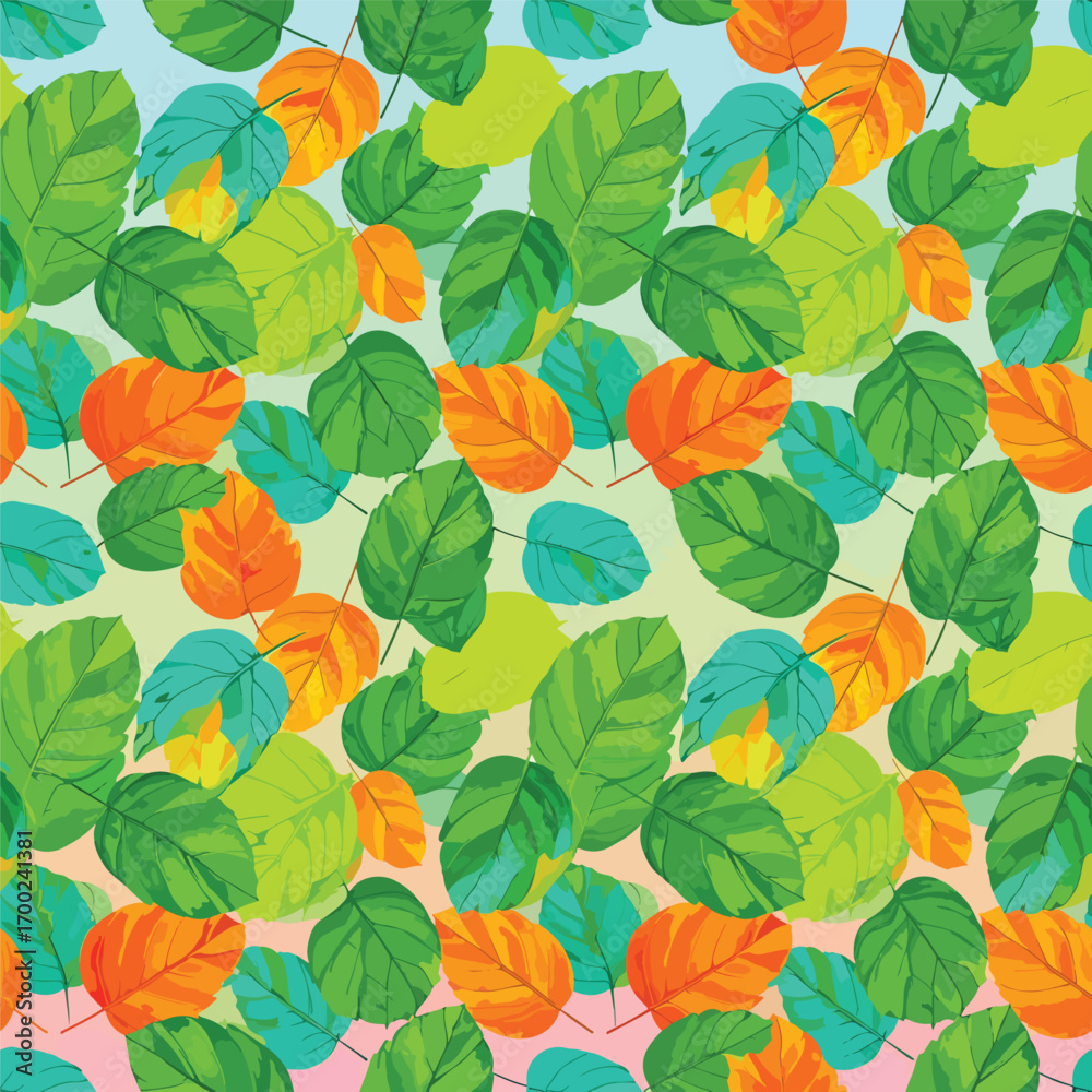 Obraz premium Vibrant foliage pattern illustration featuring green, orange, and turquoise leaves, seamless pattern, royalty stock.
