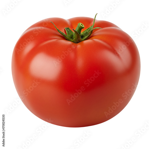 Large, round, and glossy red beefsteak tomato with a small green stem, isolated on a stark black backdrop