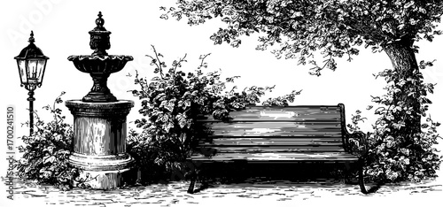 Romantic garden scene in vintage engraving style for decorative design