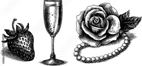 French chic vintage engraving style with strawberry, champagne, and rose design