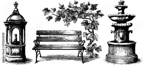 Romantic garden scene with vintage engraving style bench and fountain