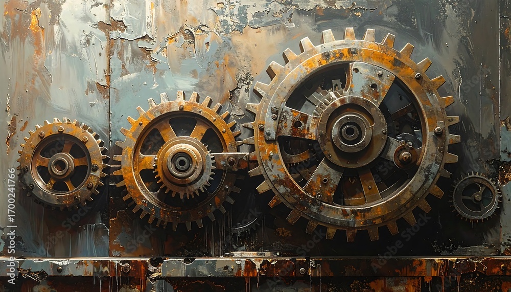 Fototapeta premium A detailed steampunk-inspired design featuring intricate gears and a rusty metallic backdrop.