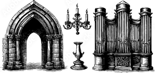 Gothic arch and elements in vintage engraving style for design and decoration