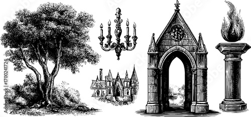 Gothic arch and vintage elements in engraving style for design and decor