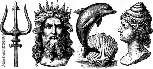 Greek mythology gods vintage engraving style for artistic and decorative design